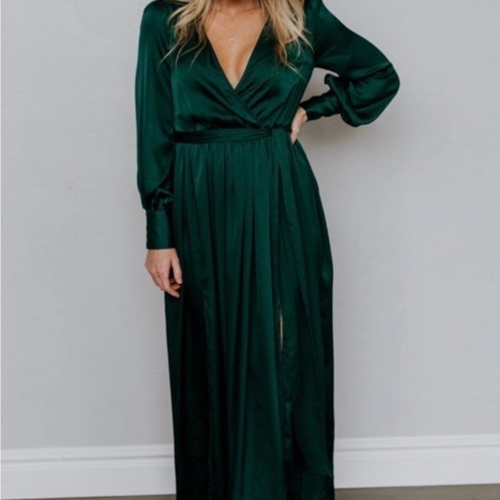 Baltic Born Green Satin Gown with Bishop Sleeves